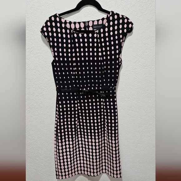 Sheath Dress Size 10 Connected Apparel Sleeveless Belted Navy Blush pink polka - Picture 1 of 11